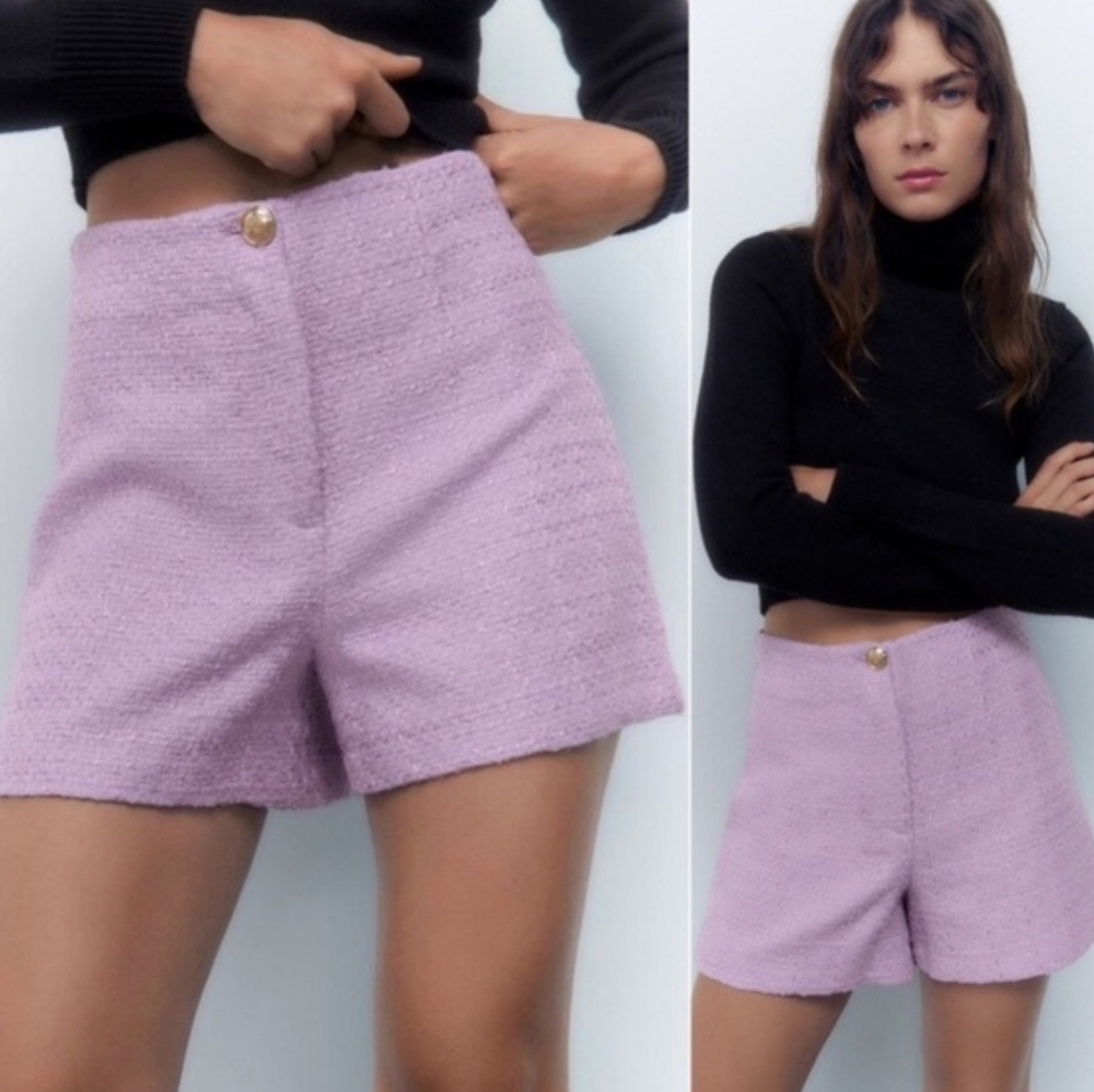 Zara Lilac Purple Tweed Textured High Waisted Bermuda Shorts gold button Size L - Picture 2 of 14